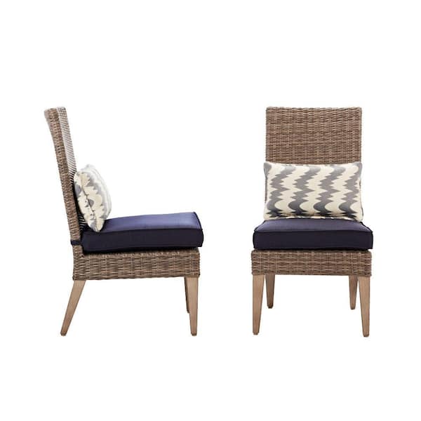 Home Decorators Collection Naples Grey All-Weather Wicker Outdoor Parson Dining Chair with Navy Cushions (Set of 2)