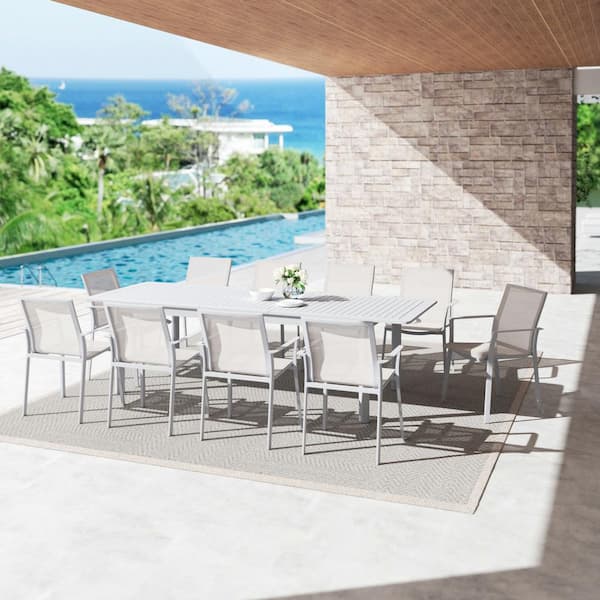 DESwan White 11-Piece Aluminum Rectangle Outdoor Dining Table Set with Extension