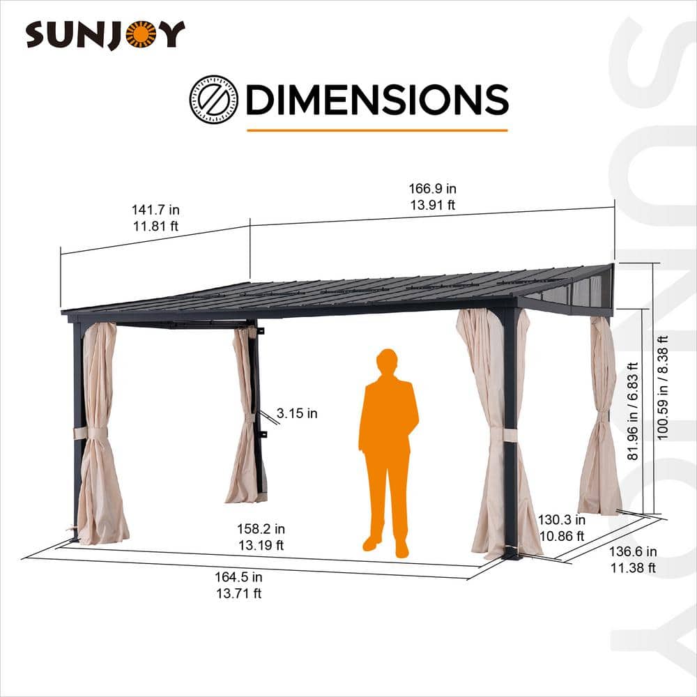 Sunjoy 12' x 14' Black Aluminum Wall-Mounted Gazebo with Curtains