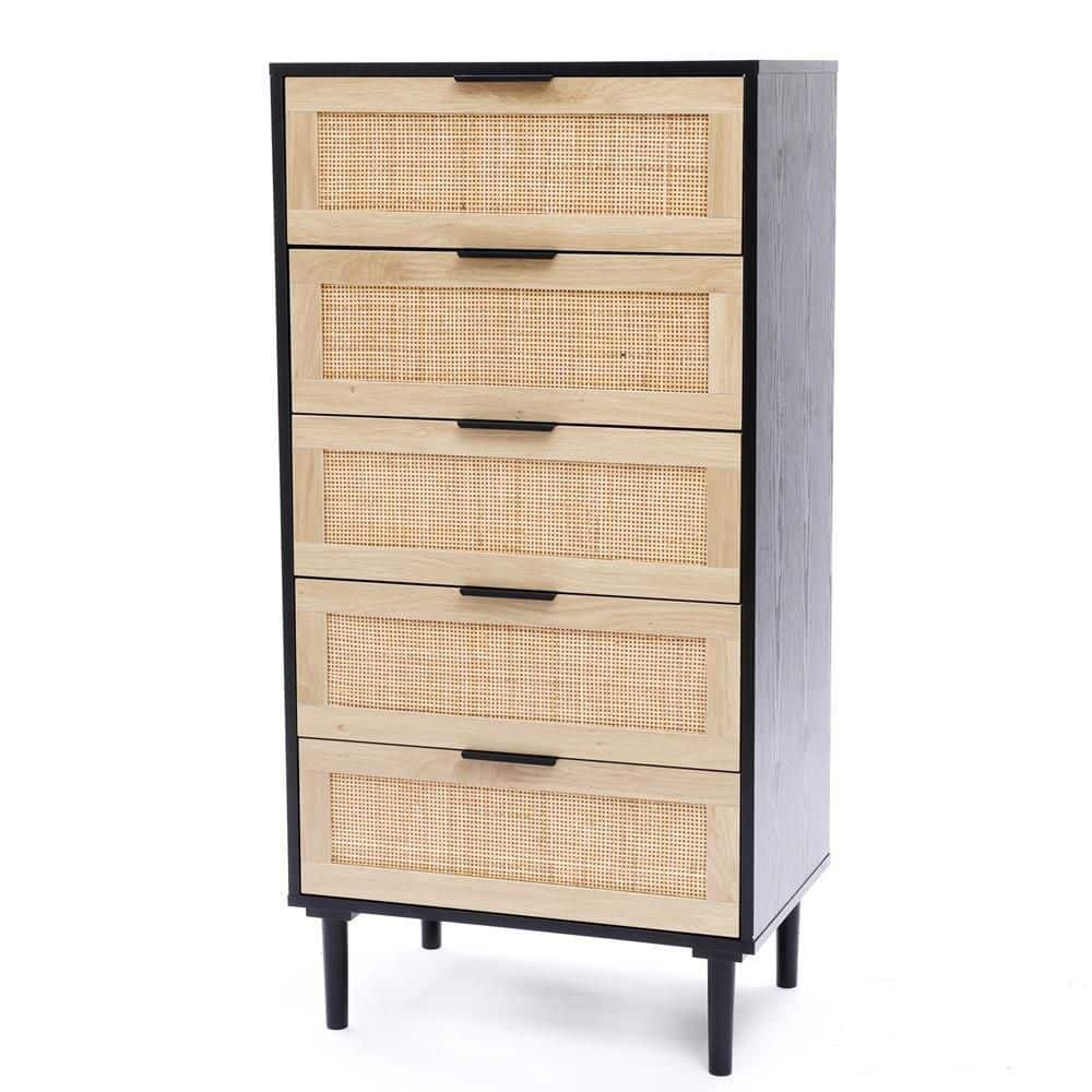 Mid-Century Black and Rattan 5-Drawer Vertical Chest