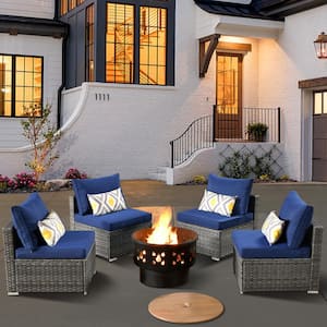 Daffodil S Gray 5-Piece Wicker Patio Wood Burning Fire Pit Conversation Sofa Set with Navy Blue Cushions