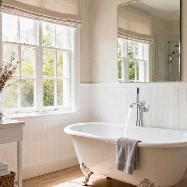 Single-Handle Floor Mount Freestanding Bathtub Faucet Waterfall Tub Filler with Handheld Shower in Brushed Nickel