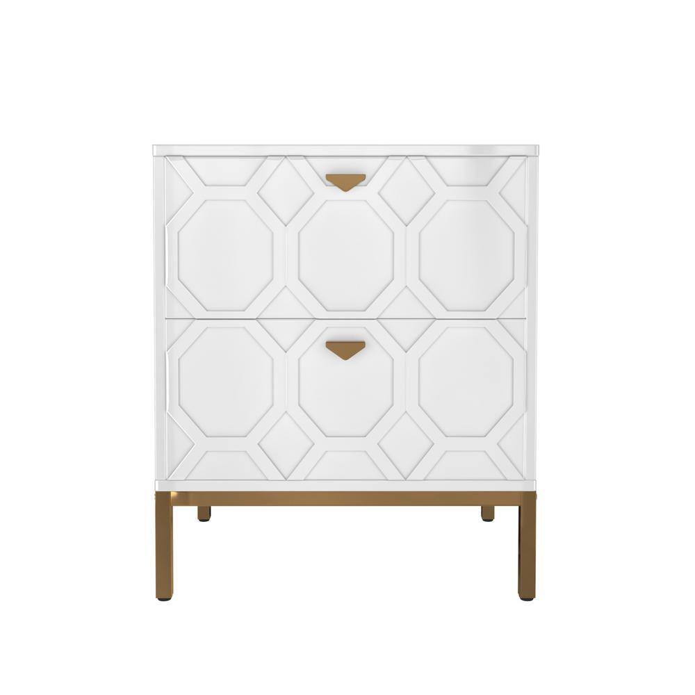 Honeycomb Wooden 2-Drawer Side Table in White