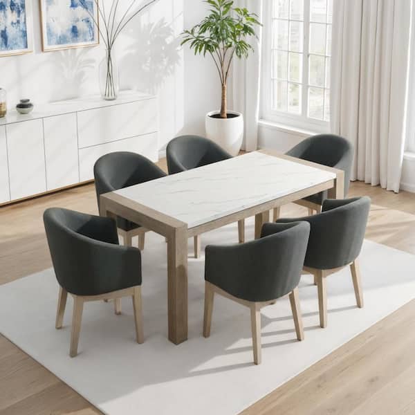 7-Piece Dining Set, 66" Rectangular White Faux Marble Top, Light Oak Base, 6 Gray Barrel Chairs