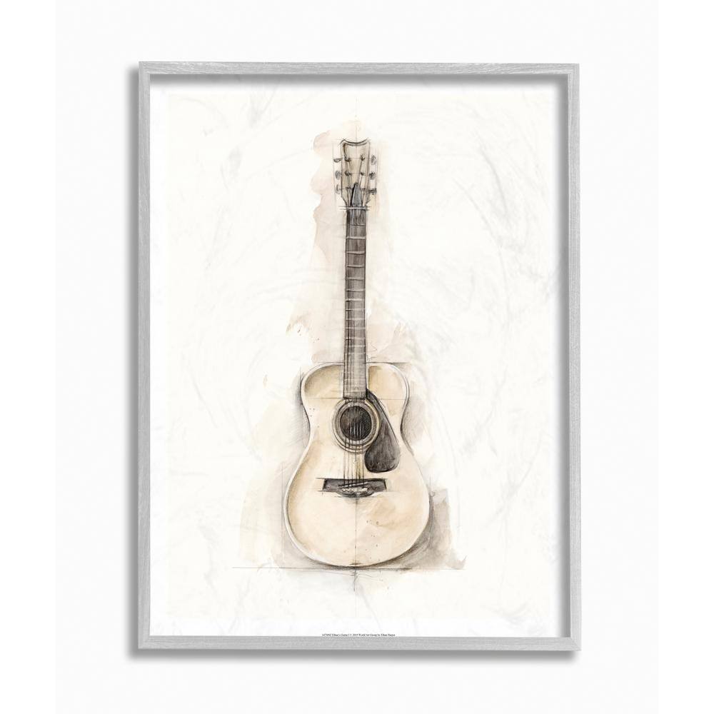 Acoustic Guitar Watercolor Drawing in Gray Frame, 11 x 14
