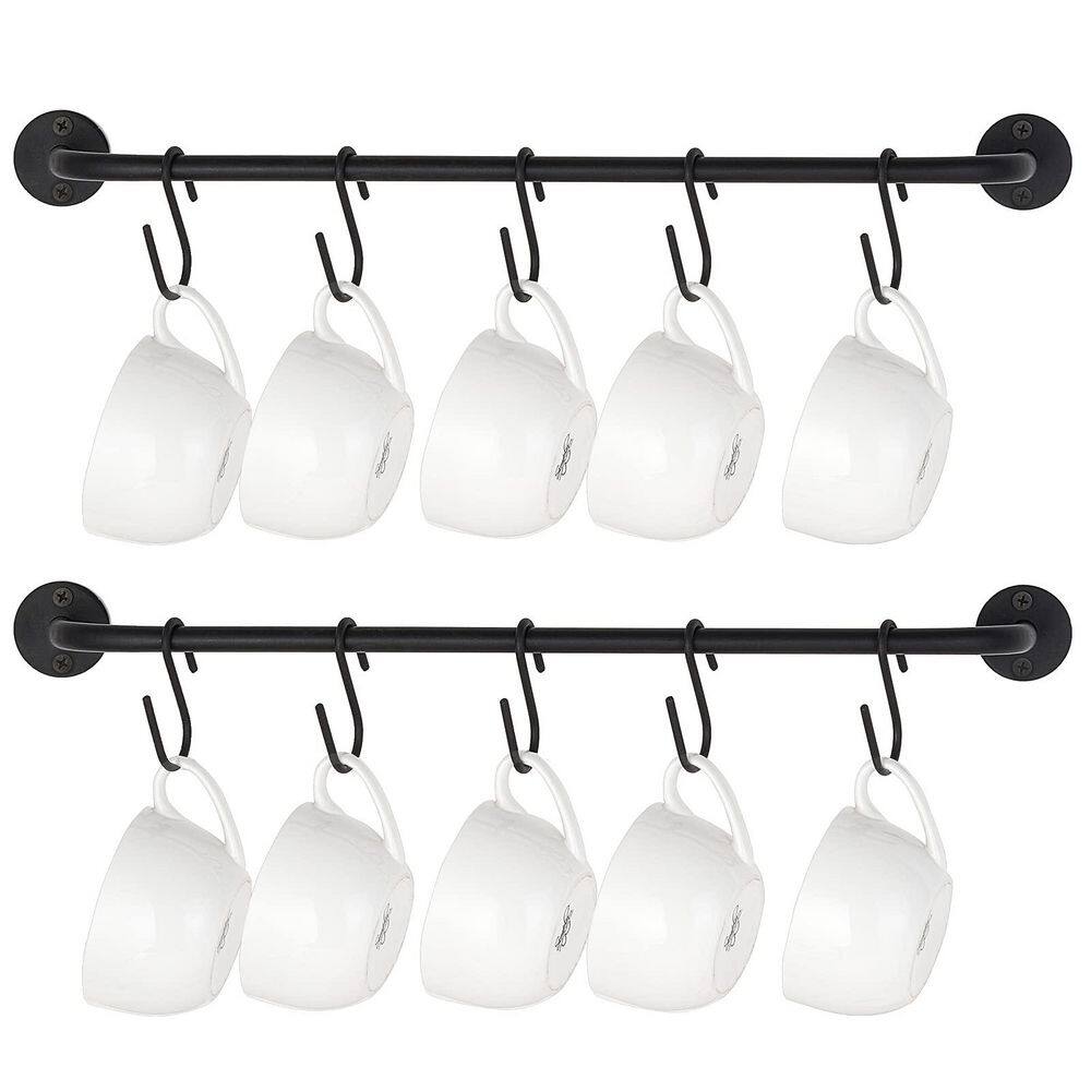 2-Pack 17 in. Black Wall Mounted Mug Holder with 10 Mug Hook, Coffee Cup Rack Hanger, Tea Cups Storage Organizer