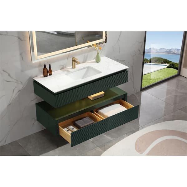 ANGELES HOME 48 in. W x 29.60 in. H x 20.80 in. D Single Sink Floating Bath Vanity in Green with Light White Cultured Marble Top