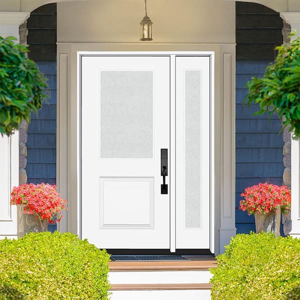 Legacy 53 in. x 80 in. 1/2-Lite Rain Glass LHIS White Primed Fiberglass Prehung Front Door w/14 in.SL