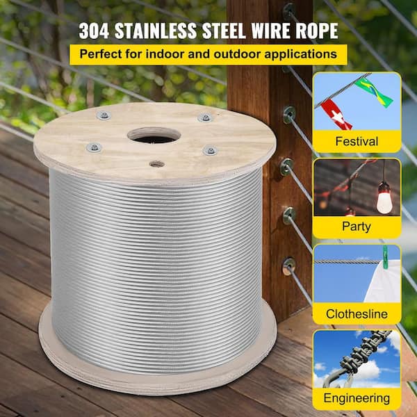 VEVOR Steel Wire Rope 304 Stainless Steel 7x19 Steel Cable 200 ft. x 1/4 in. for Railing Decking DIY Balustrade, Multi