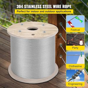 Steel Wire Rope 304 Stainless Steel 7x19 Steel Cable 200 ft. x 1/4 in. for Railing Decking DIY Balustrade