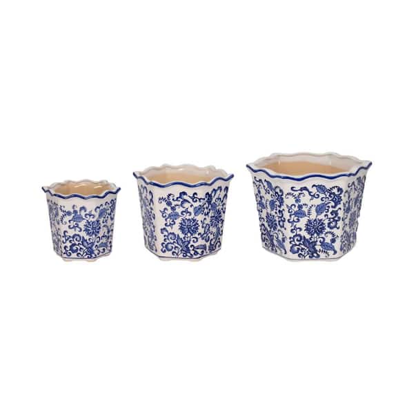 8 in., 10 in., and 12 in. Blue Ceramic Chinoiserie Dahlia Decorative Planters (Set of 3)