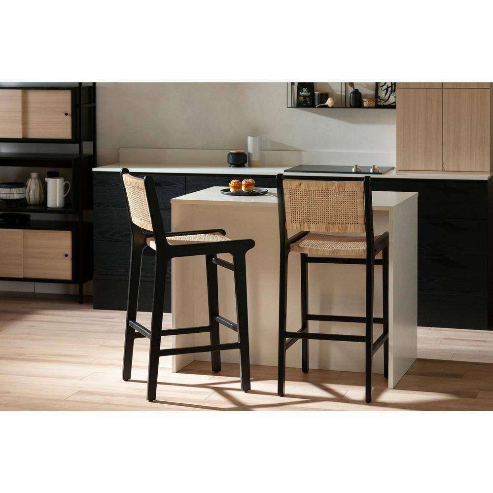 Balka 29" Rattan and Black Wood Boho-Chic Bar Stools, Set of 2