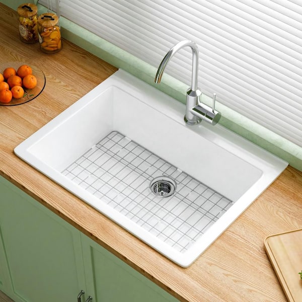 30 in Drop in Kitchen Sink Topmount Single Bowl White Fireclay Kitchen Sink 1 Faucet Hole with Bottom Grid and Strainer