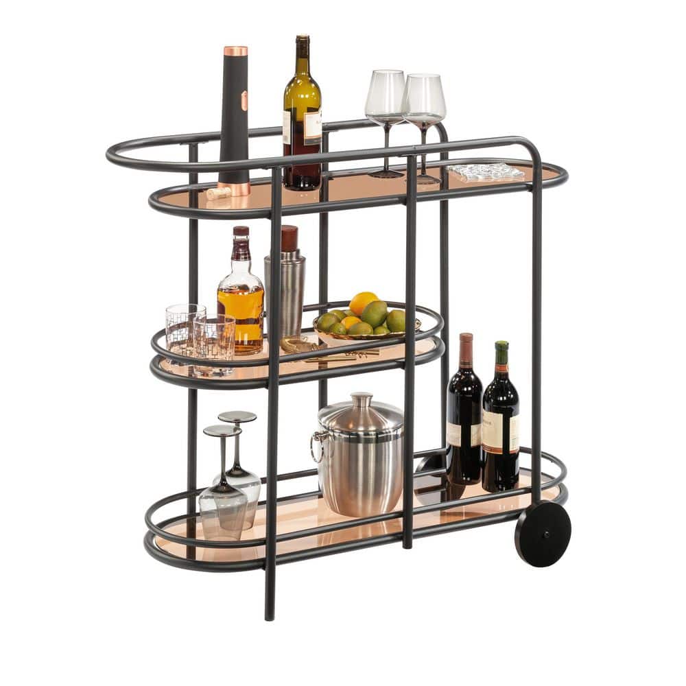 Coral Cape Black Metal Bar Cart with Amber Glass Shelves