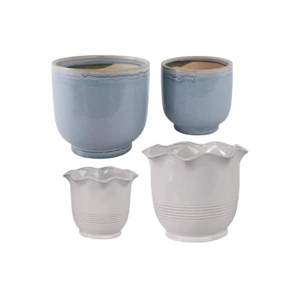 6 in. and 8 in. Ivory Arch and Blue Glazed Ceramic Planter Set with Drainage Holes (4-Pack)