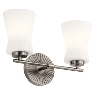Brianne 14.5 in. 2-Light Classic Pewter Mid-Century Modern Bathroom Vanity Light with Satin Etched Cased Opal Glass