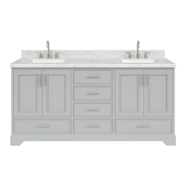 Stafford 72 in. Double Sink Freestanding Bathroom Vanity in Gray with Carrara White Marble Top