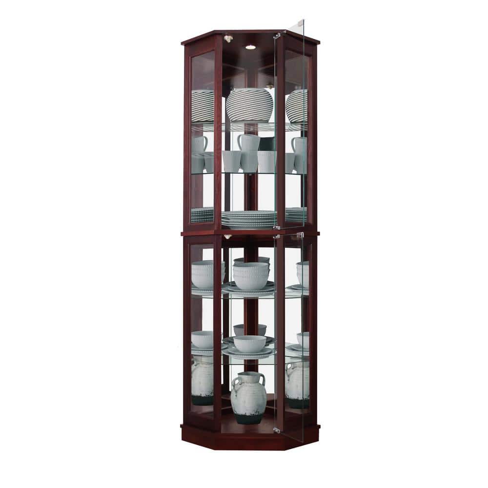Cherry Lighted Corner Curio Cabinet with Glass Shelves