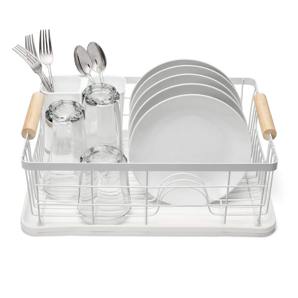 White & Bamboo Kitchenista Dish Rack with Tray and Removable Cutlery holder