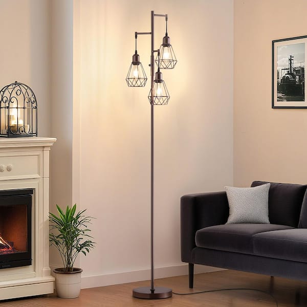 69 in. Brown 3-Light Farmhouse Industrial Dimmable Tree Floor Lamp with Hanging Elegant Cage Shades, Bulbs Included