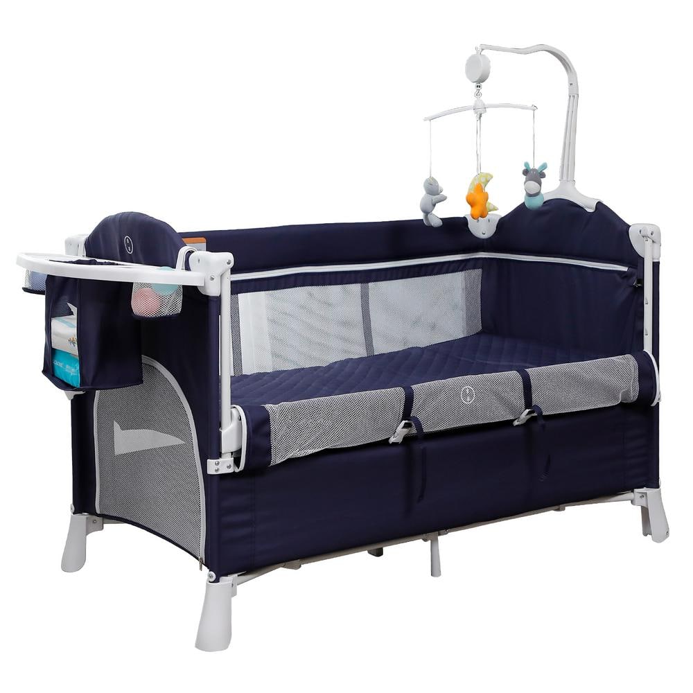 FUFU&GAGA Adjustable Blue Nursery Center Bed Side Crib, Baby Bed Playard, Infant Bassinet with Diaper Changer and Hanging Toys -  ZCF0031EB-1