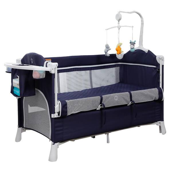 FUFU&GAGA Adjustable Blue Nursery Center Bed Side Baby Bed Playard, Infant Bassinet with Diaper Changer and Hanging Toys ZCF0031EB-1 - The Home Depot