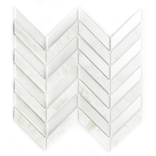 ABOLOS French Country Style Birch White Herringbone Mosaic 10.59 in. x 11.73 in. Wood Look Glass Wall Tile (8.6 sq. ft./Case)