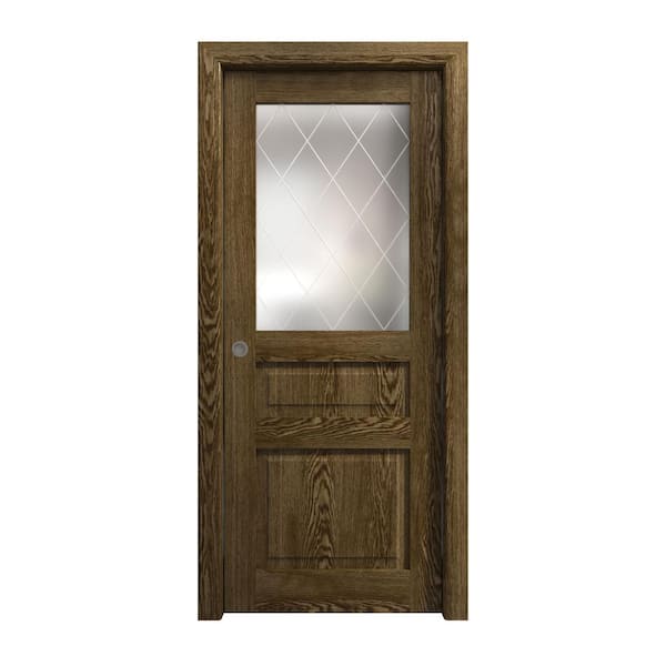 36 in. x 84 in. Frosted Glass Marble Oak Solid Wood Pocket Door With Hardware