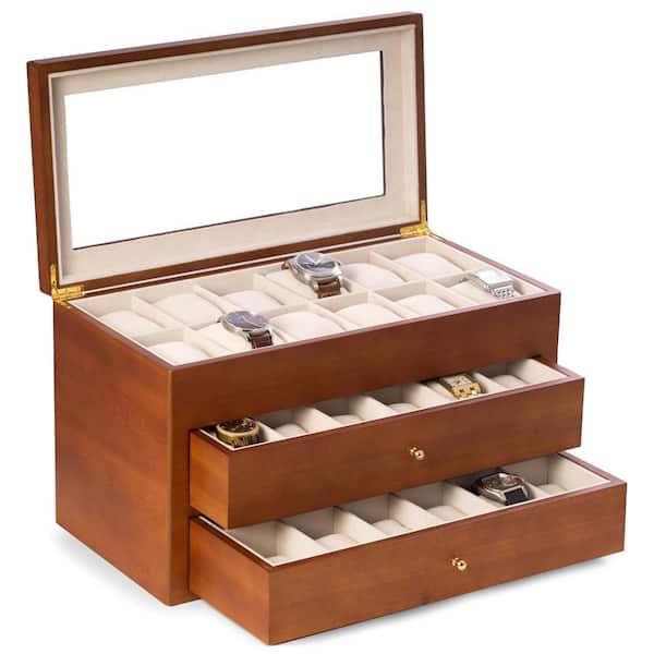 BEY-BERK Cherry Wood 36-Watch Box with Glass Top and 2-Drawers, Velour Lining and Pillows