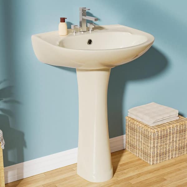 Aguamaph 18.5 in. D x 21 in. W Pedestal Combo Novelty U-Shape Pedestal Bathroom Sink in Bone Vitreous China With 3 Faucet Holes