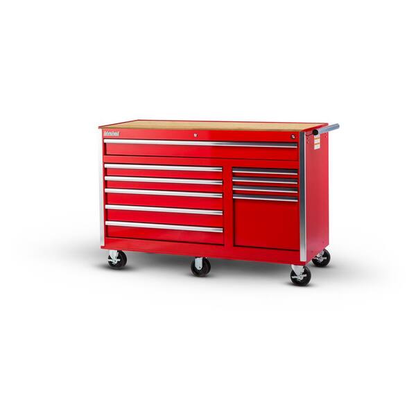 International Tech Series 56 in. 10-Drawer Roller Cabinet Tool Chest with Wood Top in Red