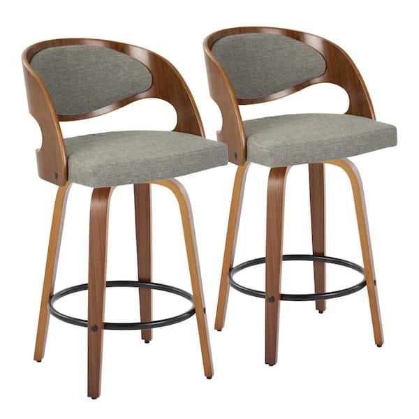 Lumisource Pino 25.5 in. Grey Fabric, Walnut Wood and Black Metal Fixed-Height Counter Stool with Round Footrest (Set of 2)