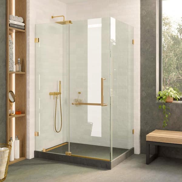 FINE FIXTURES 40 in. W x 28 in. L x 74 in. H Hinged Frameless Corner Shower Enclosure Tempered Glass with Satin Brass Finish