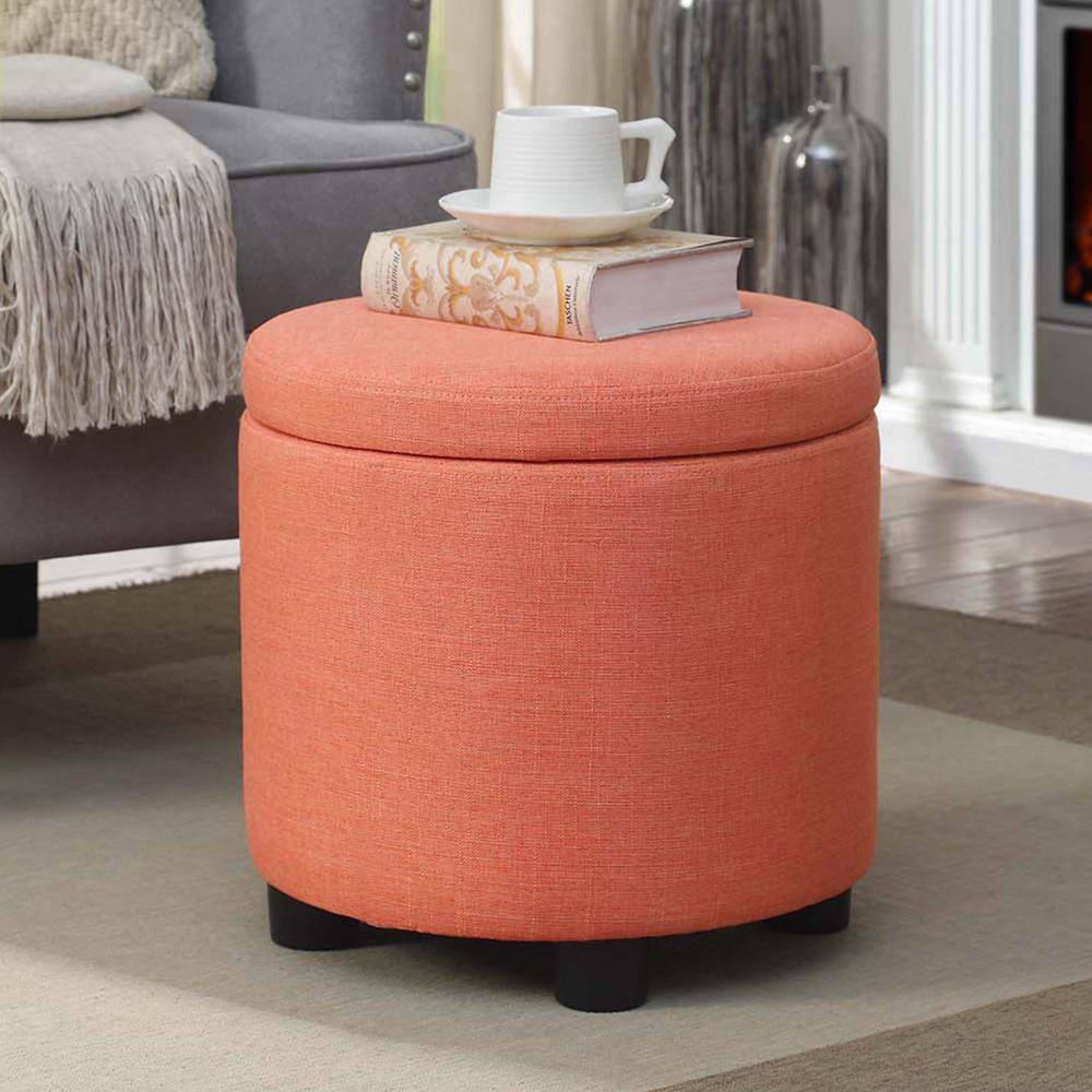 Coral Faux Linen Round Storage Ottoman with Reversible Tray