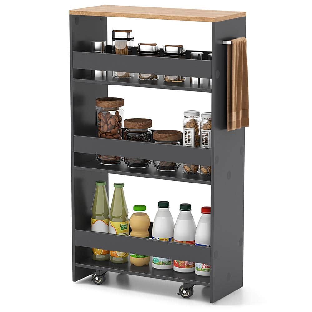 "Grey Wood Top 8"" Slim Rolling Storage Cart 4-Tier Kitchen Cart on Wheels w/ Handle & Open Shelves" price history on PriceWatchPro