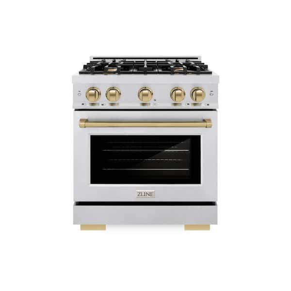 ZLINE Kitchen and Bath Autograph 30 in. Select Gas Range with 4 Burners and Convection Gas Oven in Satin Steel and Champagne Bronze Accents