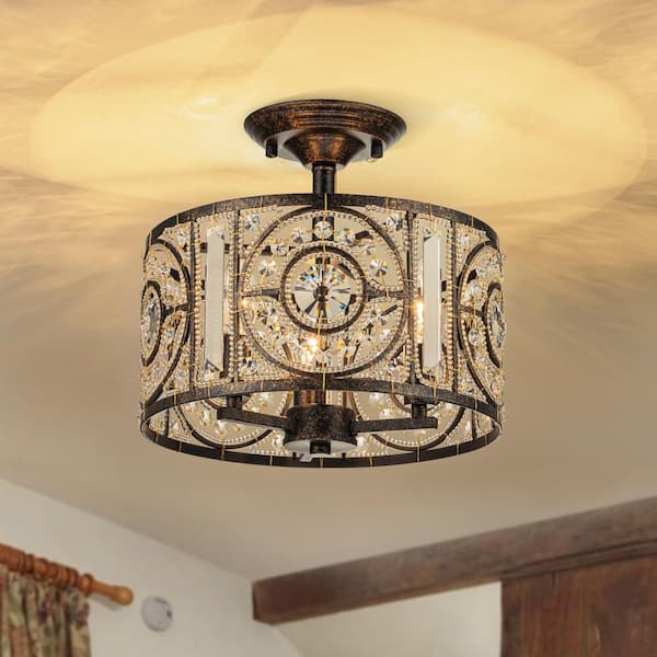 HUOKU Iridescent 11.9 in. 3-Light Antique Rust Semi-Flush Mount Vintage Drum Ceiling Light with Crystal Accent for Foyer