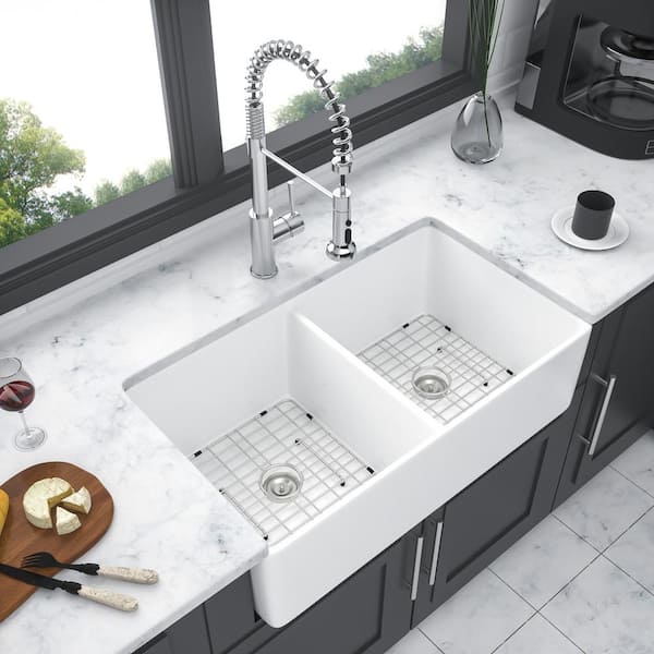 Unbranded 32 in. Farmhouse Double Bowl White Ceramic Kitchen Sink with Bottom Grids