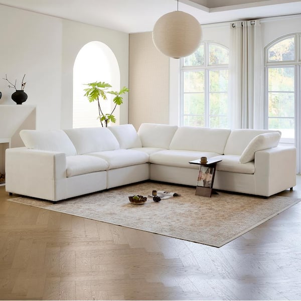 160 in. Square Arm Fabric L-Shaped (V-Shaped) Removable Covers Sectional Sofa 5-Seater in White
