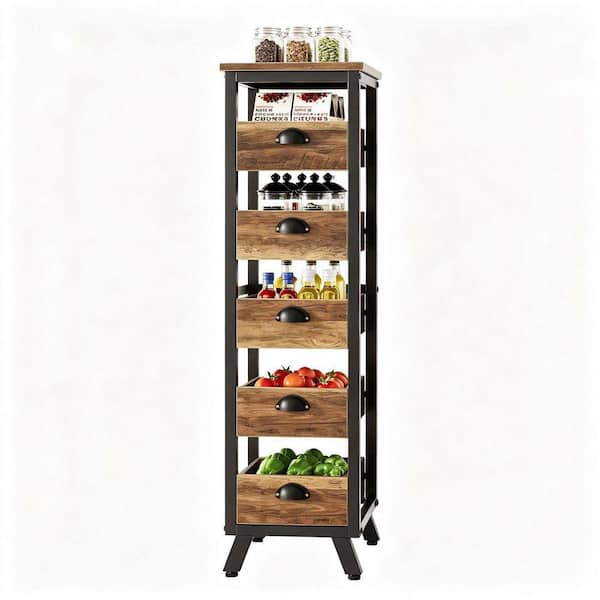 5-Tier Wooden Kitchen Storage Rack with Baskets - Fruit, Vegetables and Snacks Organizer
