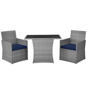 Gray 3-Pieces Wicker Patio Conversation Set Rattan Furniture Set with Navy Cushions