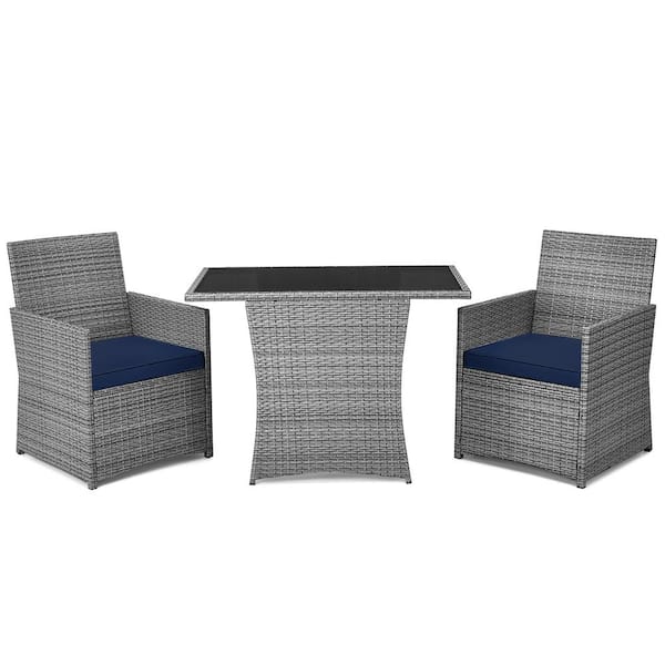 Costway Gray 3-Pieces Wicker Patio Conversation Set Rattan Furniture Set with Navy Cushions