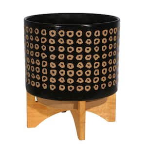 9.75 in. Black Large Ceramic Planter with Wooden Stand and Abstract Design