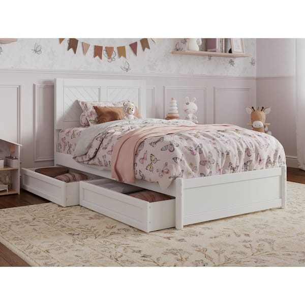 AFI Clayton White Solid Wood Frame Twin Platform Bed with Panel Footboard and Storage Drawers