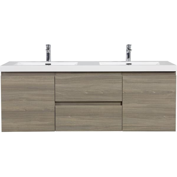 Boosicavelly 60 in. W x 20 in. D x 22 in. H Double Sink Floating Bath Vanity in Ash Grey with Glossy White Resin Top
