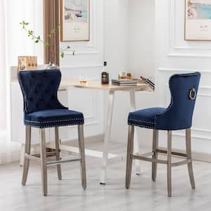 Harper 29 in. Navy Blue Velvet Tufted Wingback Kitchen Counter Bar Stool w/ Solid Wood Frame in Antique Gray (Set of 2)