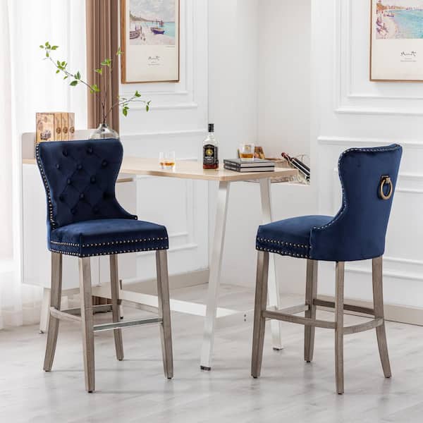 Harper 29 in. Navy Blue Velvet Tufted Wingback Kitchen Counter Bar Stool w/ Solid Wood Frame in Antique Gray (Set of 2)