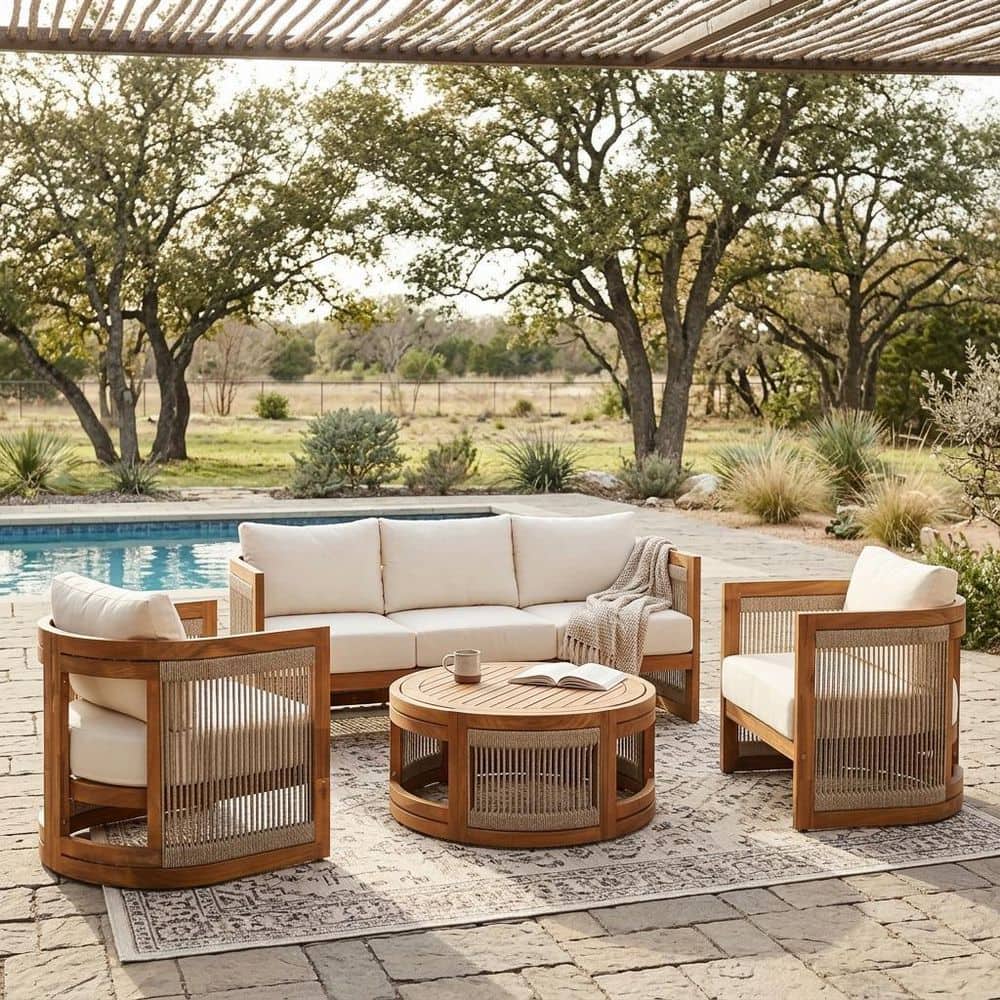 4-Piece Acacia Wood Patio Outdoor Conversation Set with Beige Cushions, 2 Club Chair, Outdoor Sofa, Coffee Table