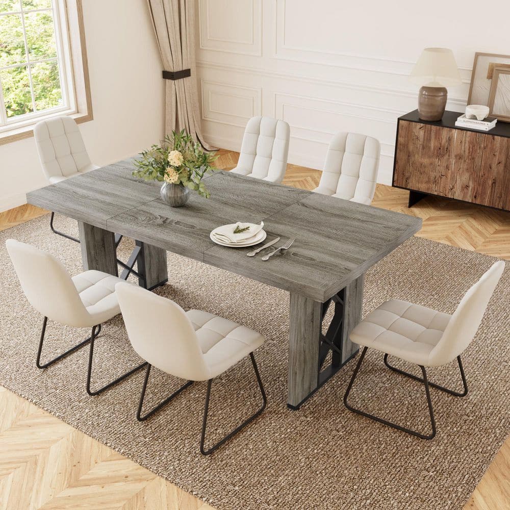 7-Pieces Rectangular Gray MDF Top Dining Table Set Seating 6 People(Gray Table+6 White Chairs） price history on PriceWatchPro