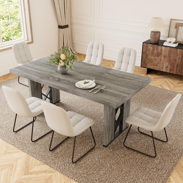 7-Pieces Rectangular Gray MDF Top Dining Table Set Seating 6 People(Gray Table Plus 6 White Chairs）
